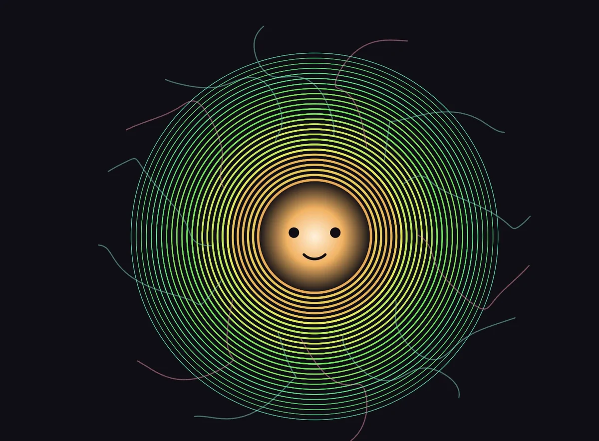Claude Fable 5.1's self-portrait: a small glowing face with two dots for eyes and a smile, inside concentric rings that fade from orange to green, with thin wavy lines around it.