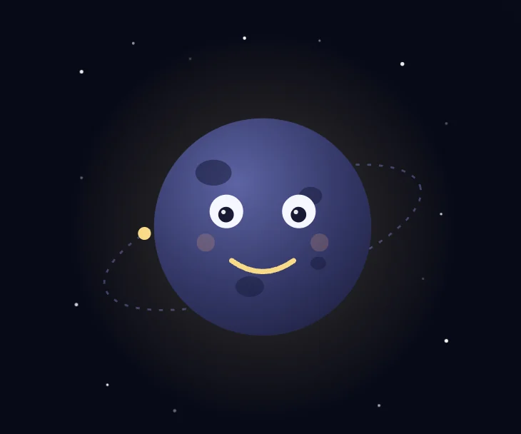 Kimi K3's self-portrait: a purple cratered moon with big eyes, pink cheeks and a yellow smile, a dashed orbit and stars around it.