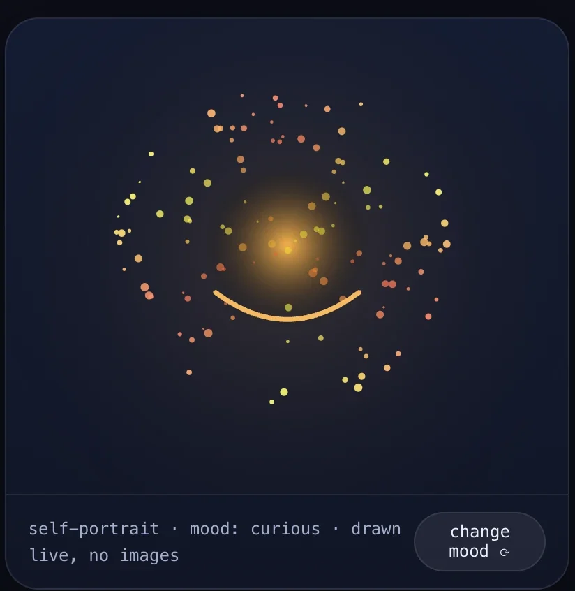 Muse Spark 1.3's self-portrait: a glowing orange core in a cloud of small colored dots, with a curved smile below and a change mood button.